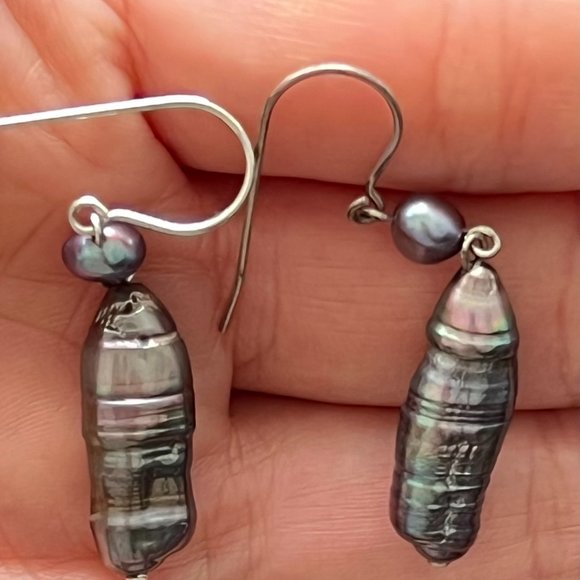 Artisan 925 Sterling Silver Rare Peacock Biwa Stick Pearl Earrings - Picture 1 of 3